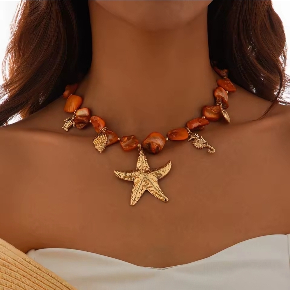 Gold and Orange Shell Necklace